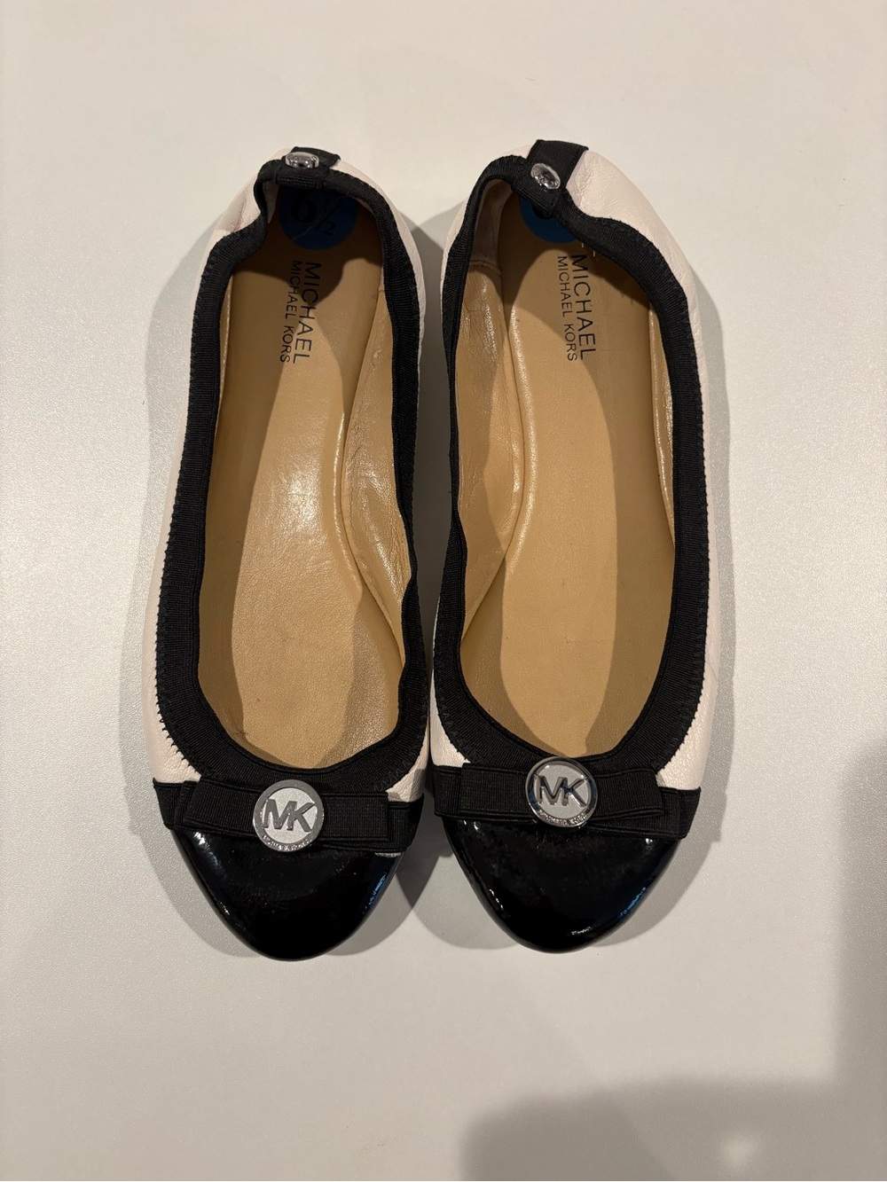 Michael Kors Black and White Patent Toe Logo Ballet Flats